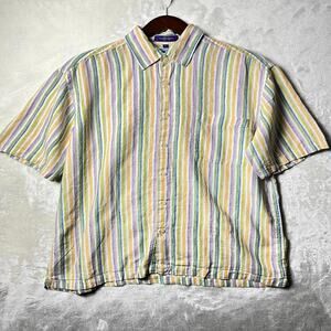 Alan Flusser Purple Label Spring Linen Button Up Shirt Men's L Pastel Stripe
